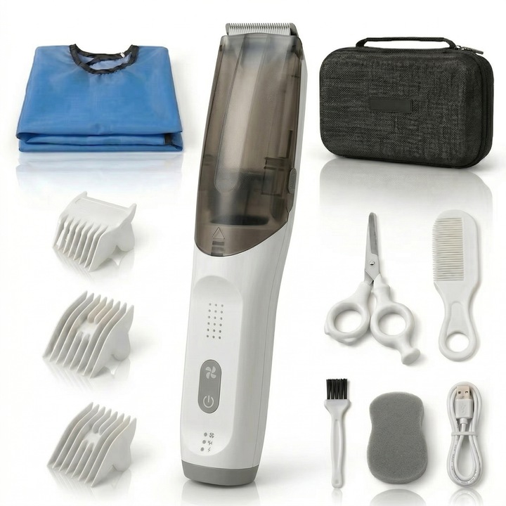 Aparat de Tuns LittleDomi pentru Bebelusi si Copii, cu Aspirare Par, Lame Ceramice, 3 Trepte Viteza, Motor Dual, 2 Niveluri Vacuum, IPX7, Incarcare 1h USB C, Fara Fir, Set 11 Piese cu Geanta EVA, Foarfece si Pieptan Copii, Alb