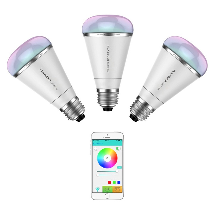 Комплект 3 смарт LED крушки MiPow Playbulb Rainbow, RGB, Bluetooth 4.0, 5W, 280 lm, E26 / E27, контрол чрез приложение, бели