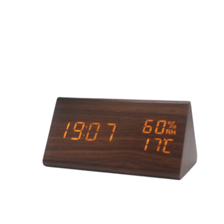 Ceas cu alarma multifunctional si silentios, trei alarme, afisare simultana a orei, temperaturii si umiditatii, mod de control vocal, luminozitate reglabila, 150 × 70 × 80 mm, Maro
