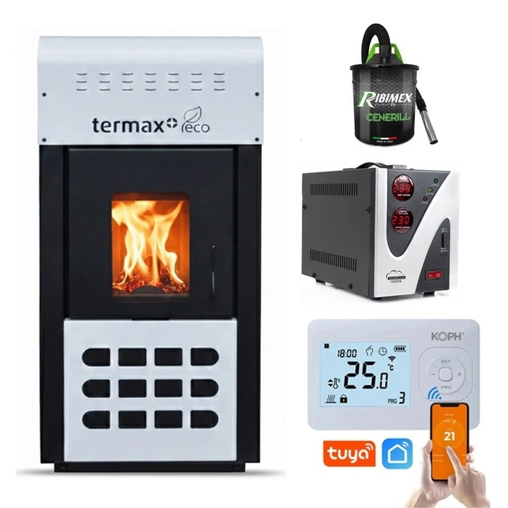 Pachet Smart Control - Termosemineu pe peleti Termax Kamin ECO, 25 kW, 160 mp, volum apa 42 litri, diametru cos fum ⌀80 mm, vas expansiune si pompa recirculare incluse + Termostat inteligent KOPH I302 WiFi + Aspirator cenusa 1000W + Stabilizator tensiune