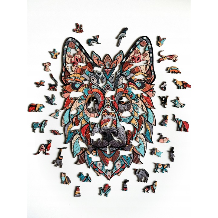 Puzzle figural din lemn "Pies Owczarek Niemiecki", THEGRAVIX, 130 elemente, 28x42cm