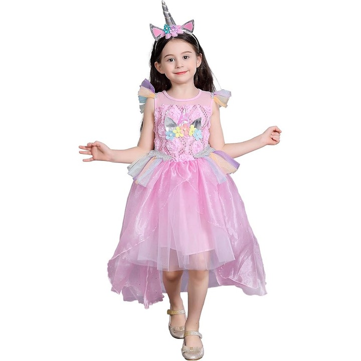 Costum unicorn pentru fetite IKALI, marimea 130 (6-8 ani), cu bentita, culoare roz