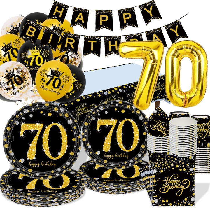 Set Vesela si Decor Petrecere Aniversare 70 Ani Black & Gold – Farfurii de Hartie, Serviete, Baloane si Fata de Masa pentru Barbati si Femei
