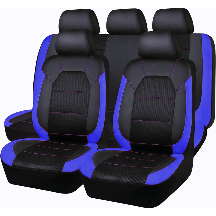 Huse auto universale din piele sintetica, set complet, impermeabile, respirabile, negre, compatibile cu airbaguri