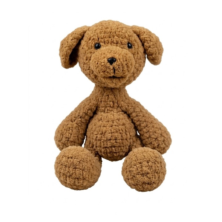 Jucarie de Plus Crosetata Manual, Catelus Maro Deschis, Fir Catifea Alize Velluto, Umplutura Hipoalergenica, 24 cm