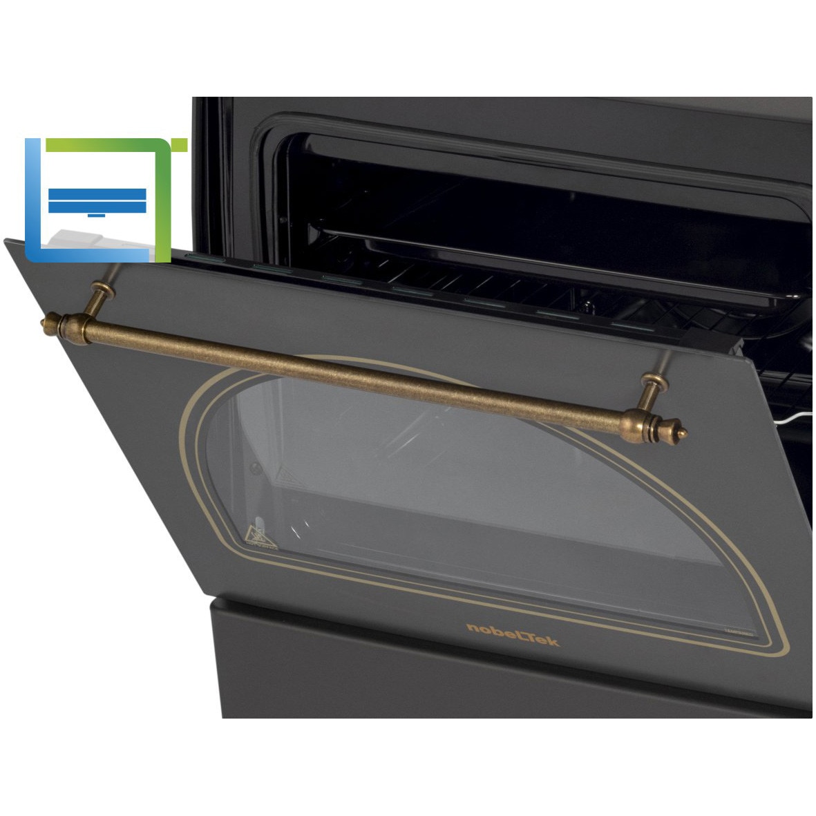 Aragaz rustic Nobeltek NLT 6604RNM/FE1, 4 arzatoare tip gaz ,aprindere electrica, cuptor electric, iluminare cuptor, gratare fonta, echipat cu diuze GPL, diuze GN de schimb, capac sticla, dimensiune(60x60 cm), culoare negru mat