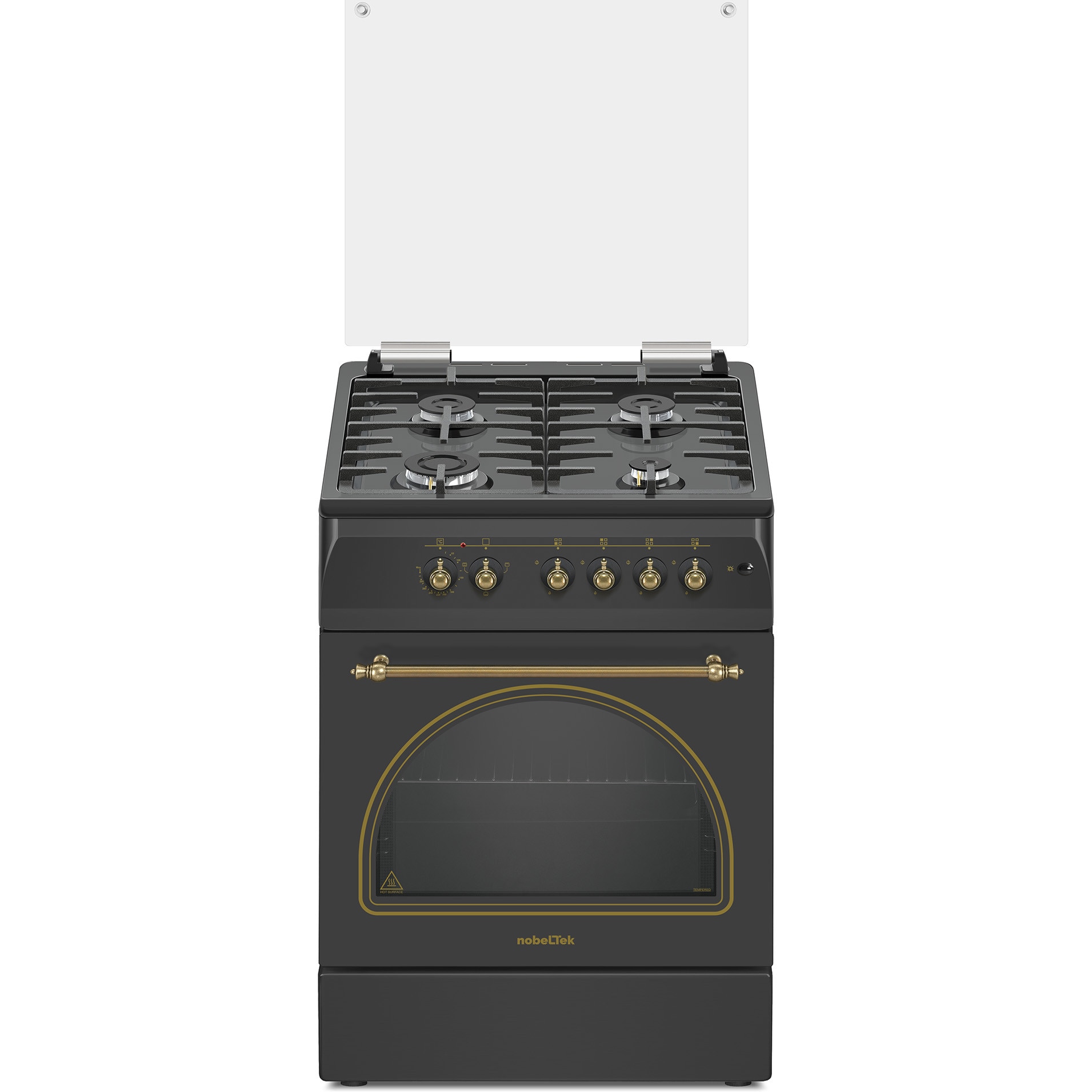 Aragaz rustic Nobeltek NLT 6604RNM/FE1, 4 arzatoare tip gaz ,aprindere electrica, cuptor electric, iluminare cuptor, gratare fonta, echipat cu diuze GPL, diuze GN de schimb, capac sticla, dimensiune(60x60 cm), culoare negru mat