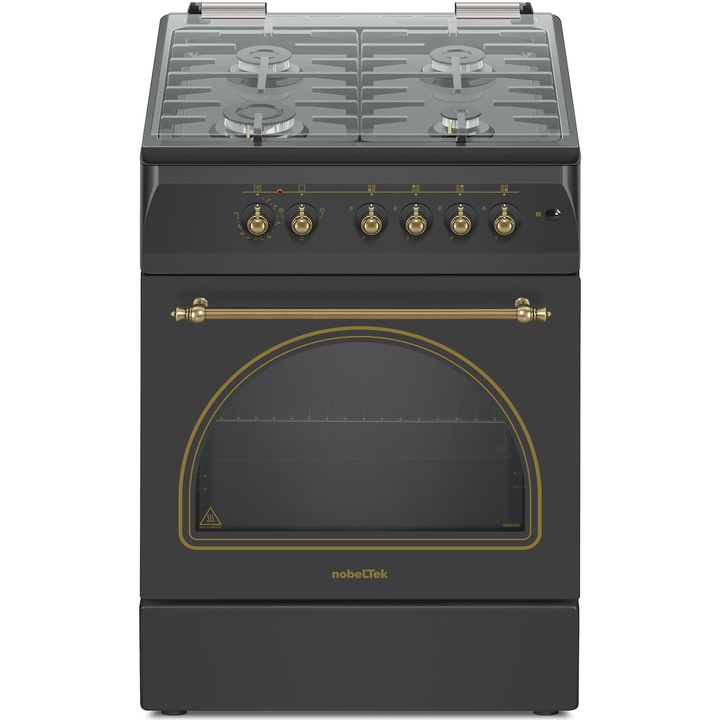 Aragaz rustic Nobeltek NLT 6604RNM/FE1, 4 arzatoare tip gaz ,aprindere electrica, cuptor electric, iluminare cuptor, gratare fonta, echipat cu diuze GPL, diuze GN de schimb, capac sticla, dimensiune(60x60 cm), culoare negru mat