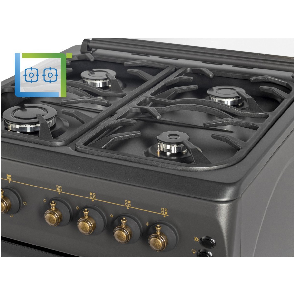 Aragaz rustic Nobeltek NLT 6604RNM/FE1, 4 arzatoare tip gaz ,aprindere electrica, cuptor electric, iluminare cuptor, gratare fonta, echipat cu diuze GPL, diuze GN de schimb, capac sticla, dimensiune(60x60 cm), culoare negru mat