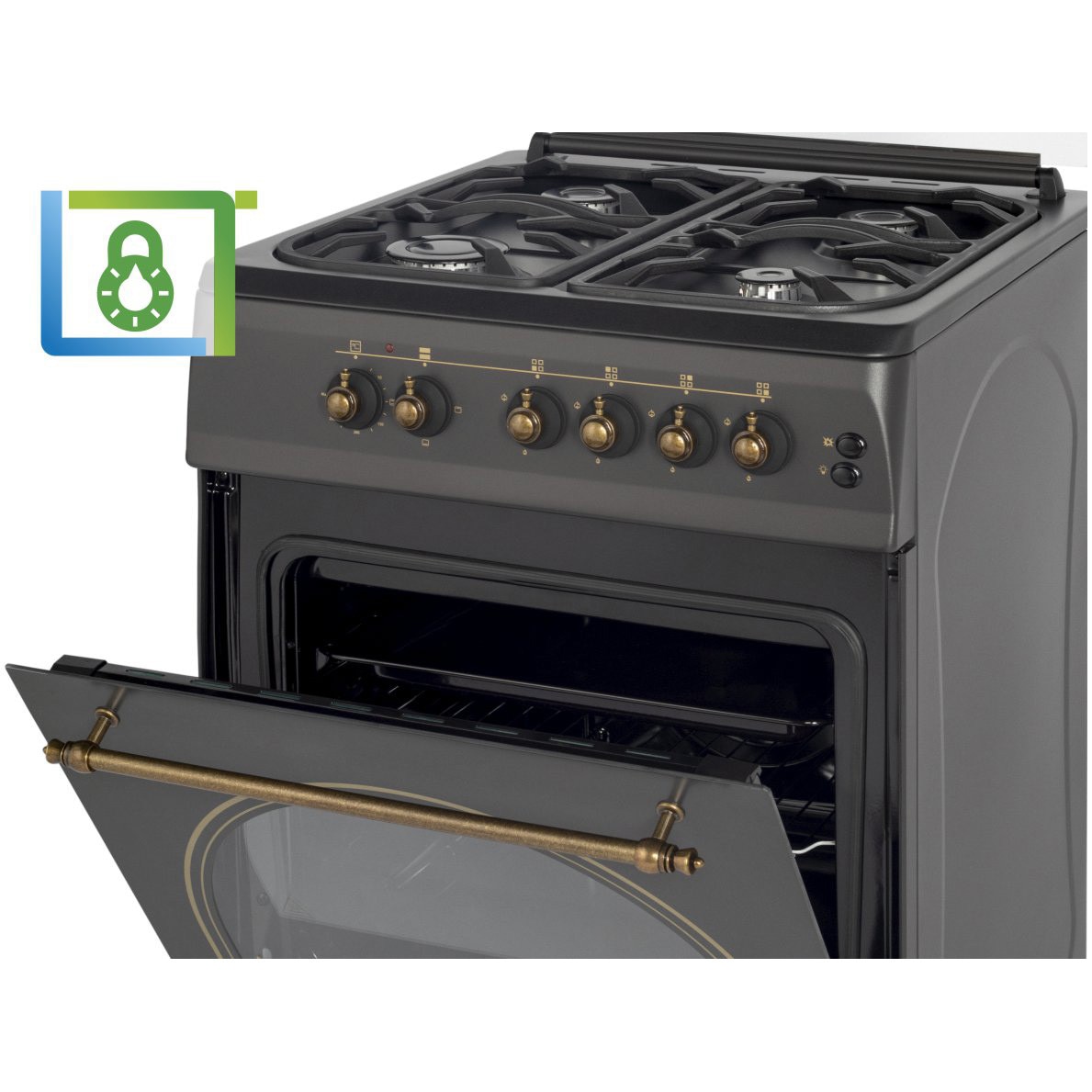 Aragaz rustic Nobeltek NLT 6604RNM/FE1, 4 arzatoare tip gaz ,aprindere electrica, cuptor electric, iluminare cuptor, gratare fonta, echipat cu diuze GPL, diuze GN de schimb, capac sticla, dimensiune(60x60 cm), culoare negru mat