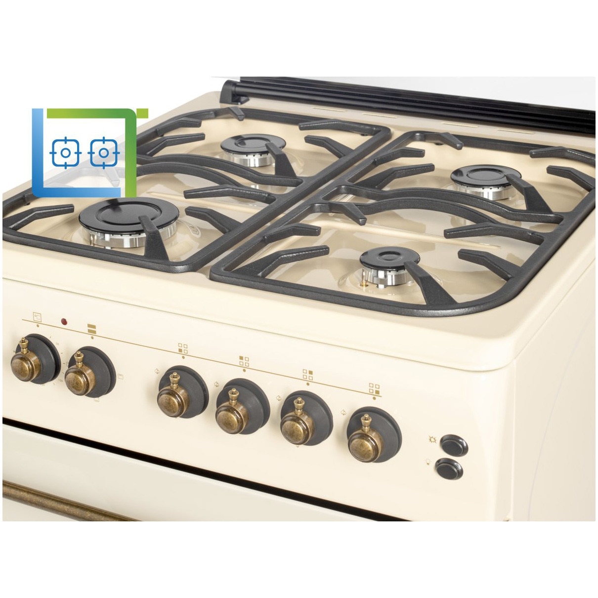 Aragaz rustic Nobeltek NLT 6604RB/FE1, 60x60, plita gaz, cuptor electric, aprindere electrica, iluminare cuptor, gratare fonta, echipat cu diuze GPL, diuze GN de schimb, bej