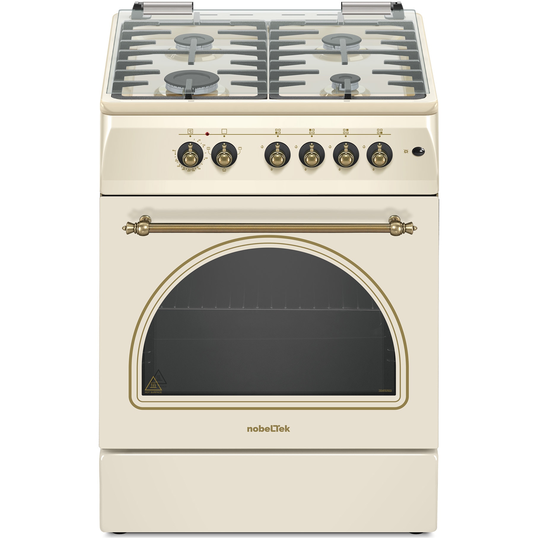 Aragaz rustic Nobeltek NLT 6604RB/FE1, 60x60, plita gaz, cuptor electric, aprindere electrica, iluminare cuptor, gratare fonta, echipat cu diuze GPL, diuze GN de schimb, bej