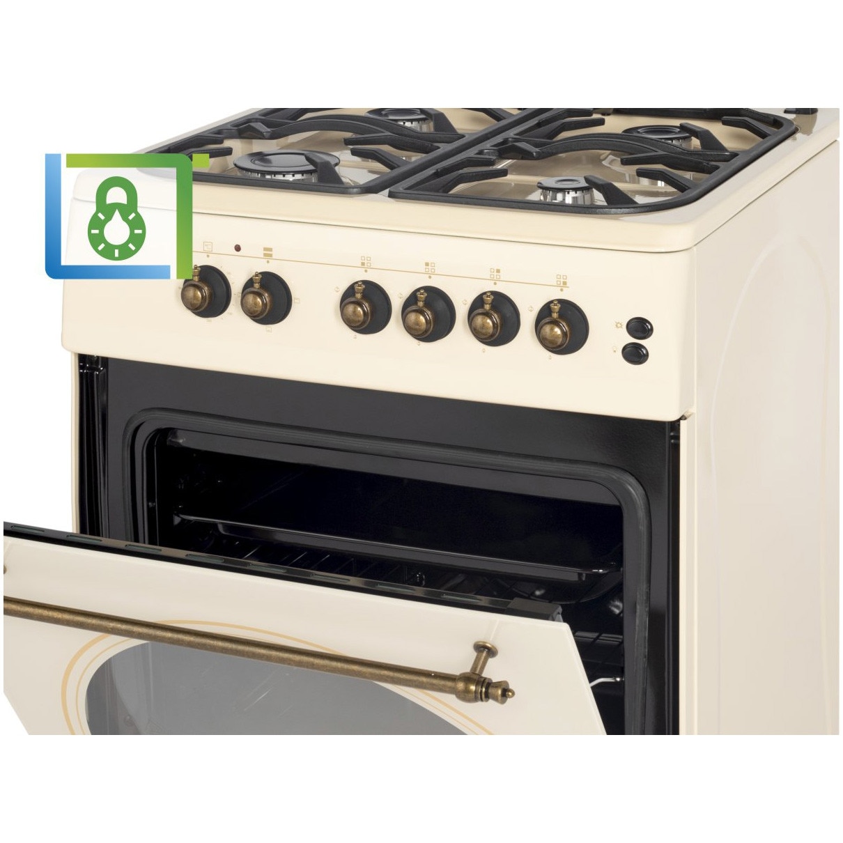 Aragaz rustic Nobeltek NLT 6604RB/FE1, 60x60, plita gaz, cuptor electric, aprindere electrica, iluminare cuptor, gratare fonta, echipat cu diuze GPL, diuze GN de schimb, bej