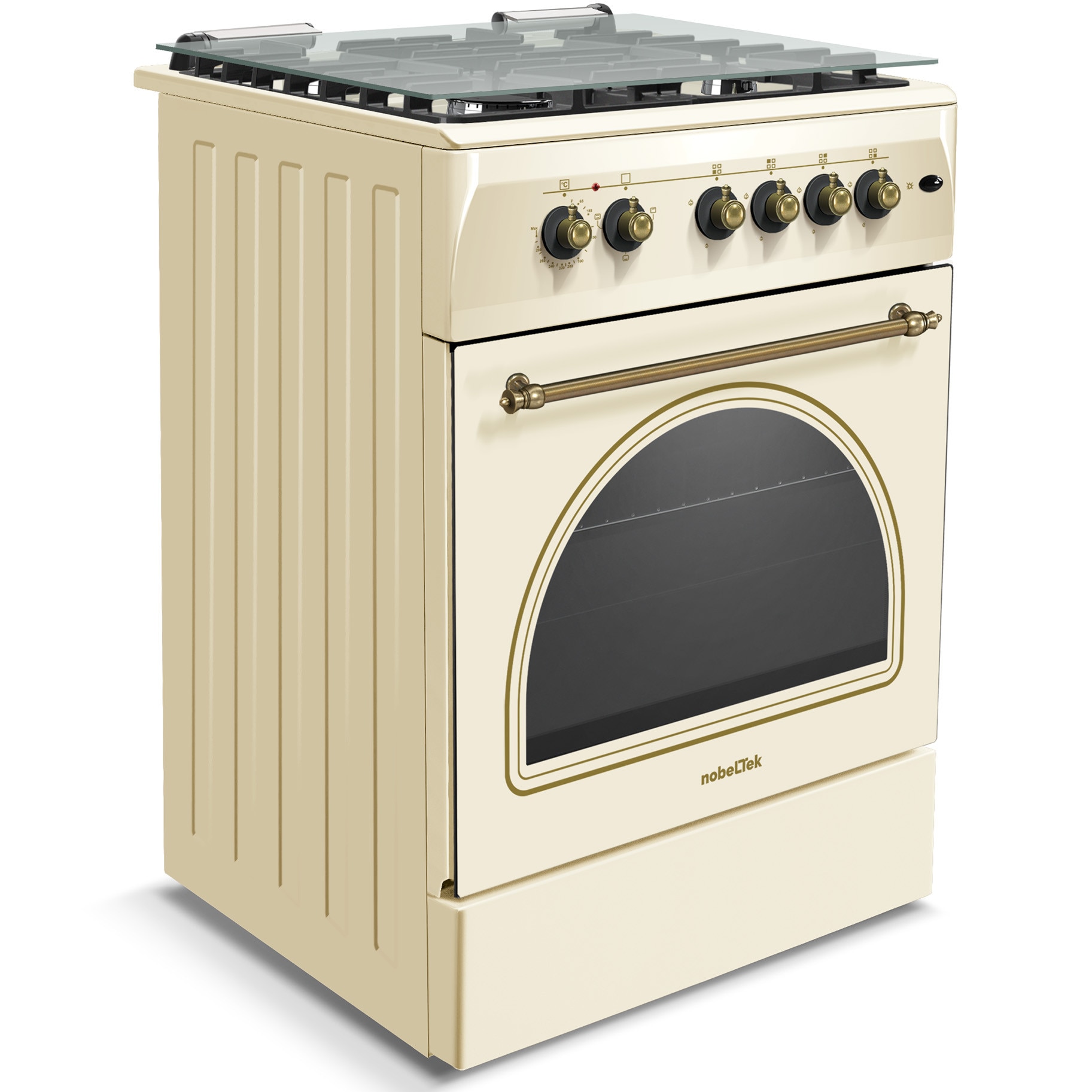 Aragaz rustic Nobeltek NLT 6604RB/FE1, 60x60, plita gaz, cuptor electric, aprindere electrica, iluminare cuptor, gratare fonta, echipat cu diuze GPL, diuze GN de schimb, bej