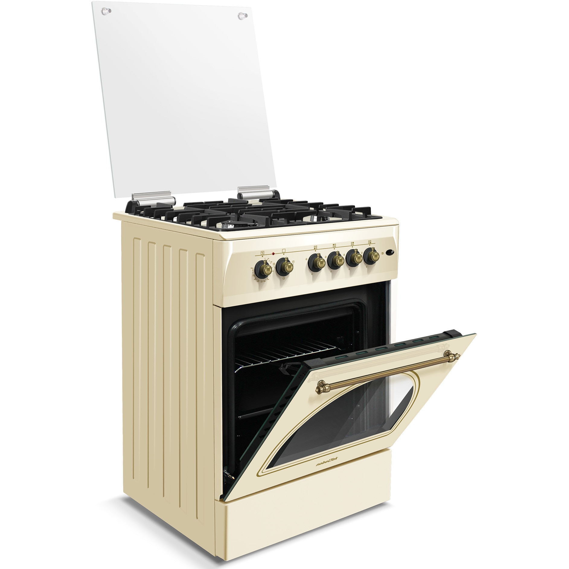 Aragaz rustic Nobeltek NLT 6604RB/FE1, 60x60, plita gaz, cuptor electric, aprindere electrica, iluminare cuptor, gratare fonta, echipat cu diuze GPL, diuze GN de schimb, bej