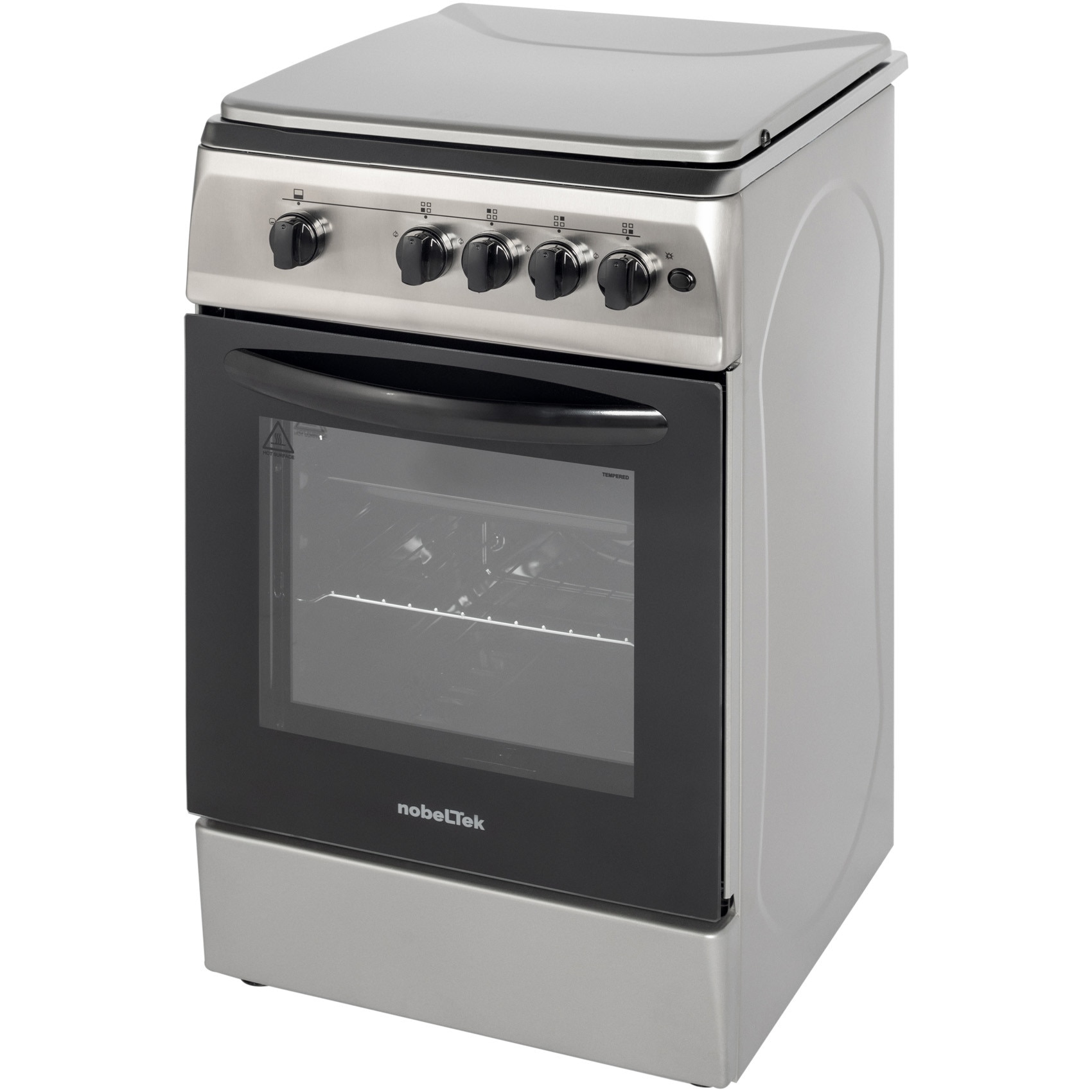 Aragaz Nobeltek NLT 5602IX/G1, 50x60, plita si cuptor pe gaz, aprindere electrica, siguranta plita si cuptor, echipat cu diuze GPL, diuze GN de schimb, capac tabla, front si plita inox, laterale silver