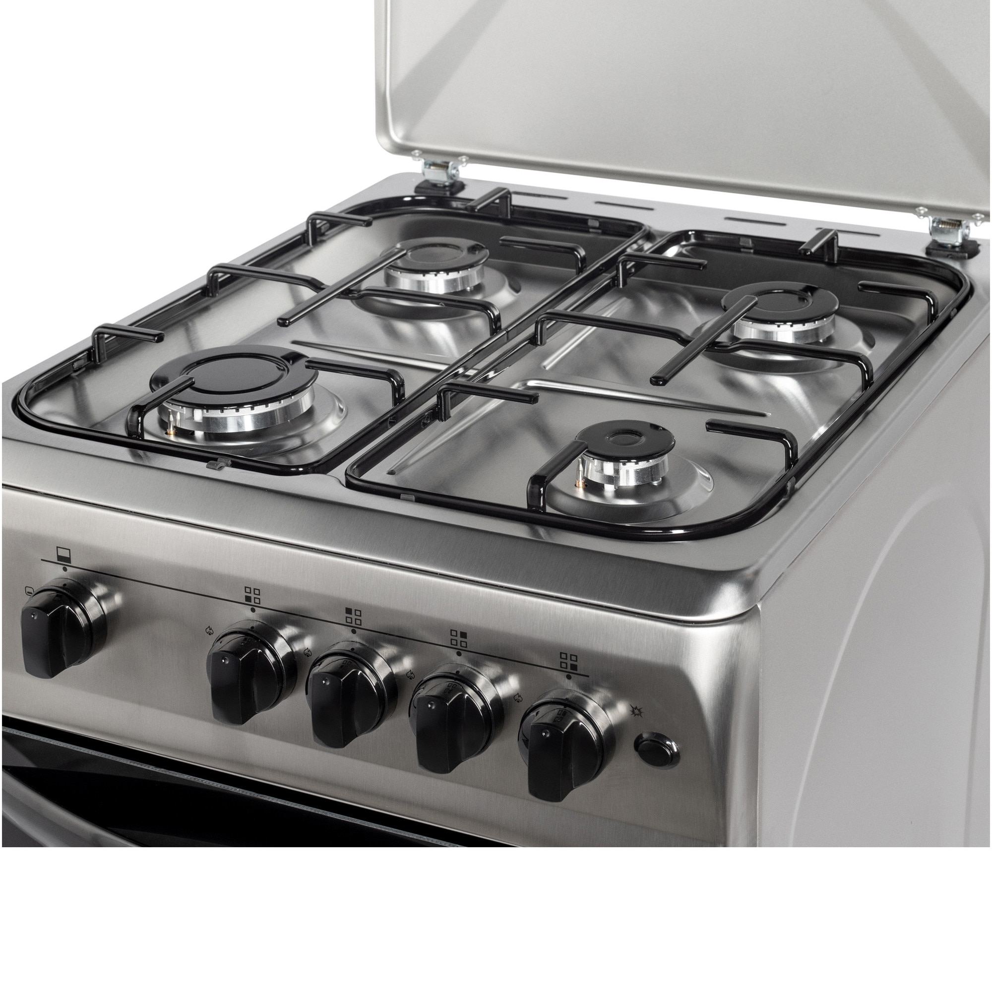 Aragaz Nobeltek NLT 5602IX/G1, 50x60, plita si cuptor pe gaz, aprindere electrica, siguranta plita si cuptor, echipat cu diuze GPL, diuze GN de schimb, capac tabla, front si plita inox, laterale silver