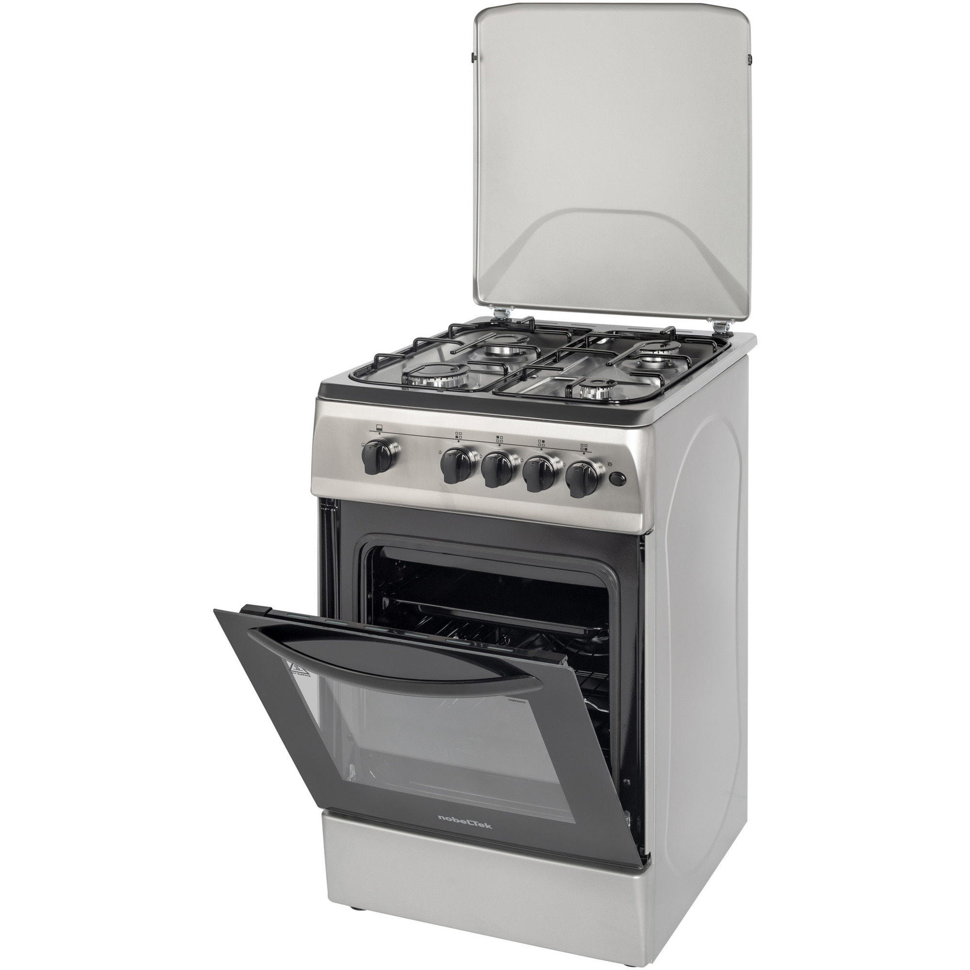 Aragaz Nobeltek NLT 5602IX/G1, 50x60, plita si cuptor pe gaz, aprindere electrica, siguranta plita si cuptor, echipat cu diuze GPL, diuze GN de schimb, capac tabla, front si plita inox, laterale silver