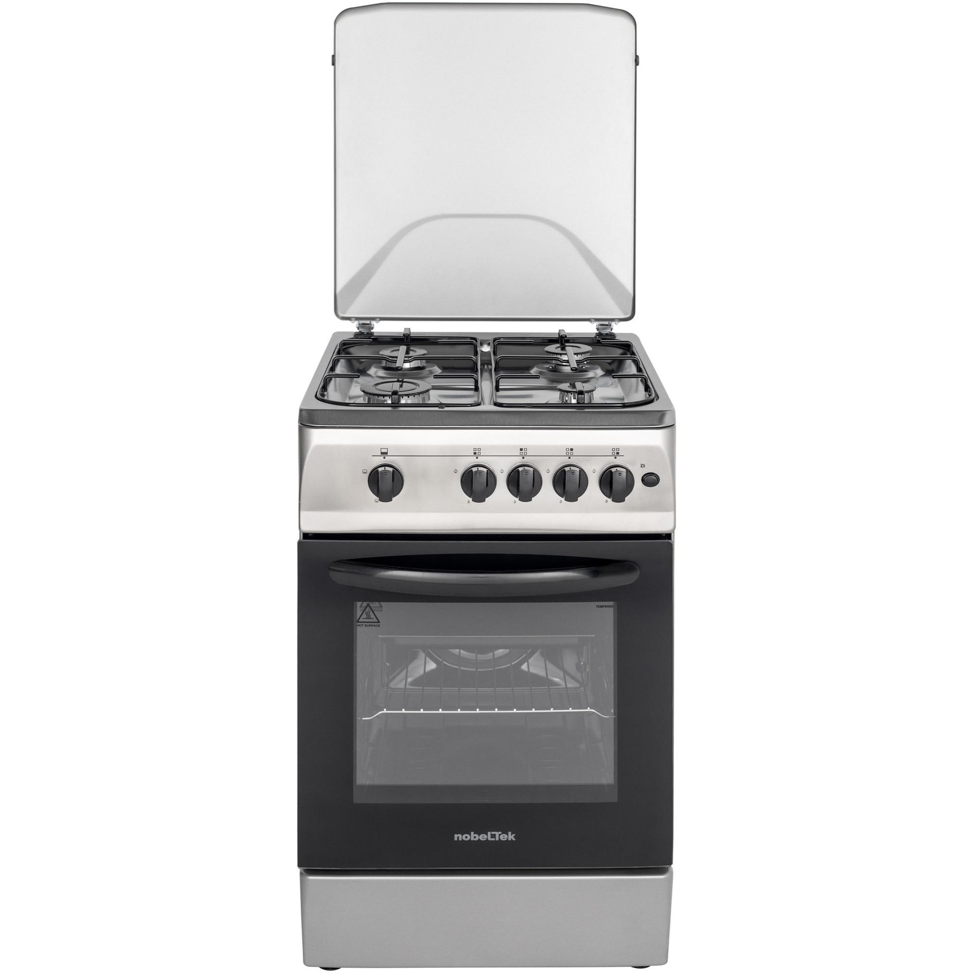 Aragaz Nobeltek NLT 5602IX/G1, 50x60, plita si cuptor pe gaz, aprindere electrica, siguranta plita si cuptor, echipat cu diuze GPL, diuze GN de schimb, capac tabla, front si plita inox, laterale silver