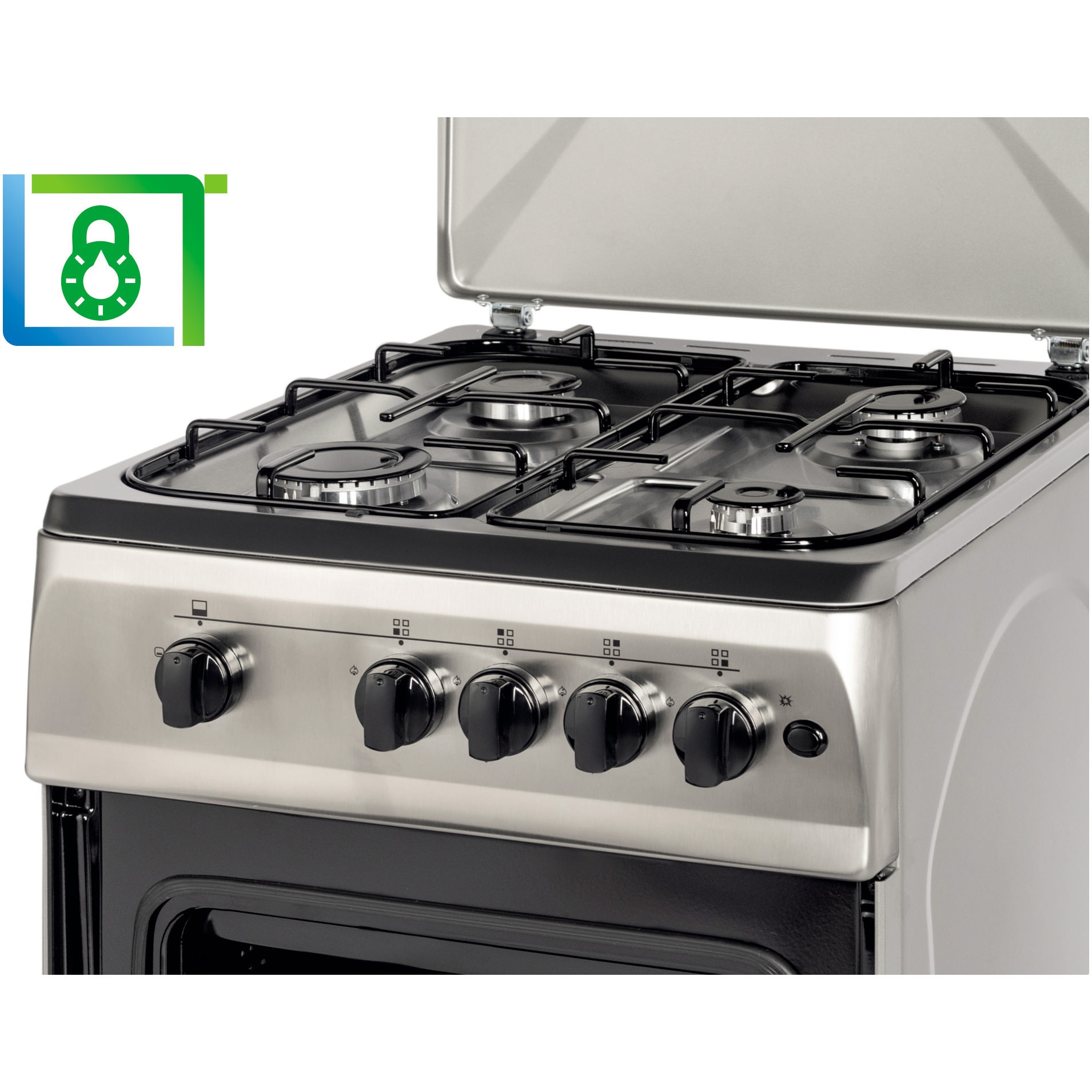 Aragaz Nobeltek NLT 5602IX/G1, 50x60, plita si cuptor pe gaz, aprindere electrica, siguranta plita si cuptor, echipat cu diuze GPL, diuze GN de schimb, capac tabla, front si plita inox, laterale silver