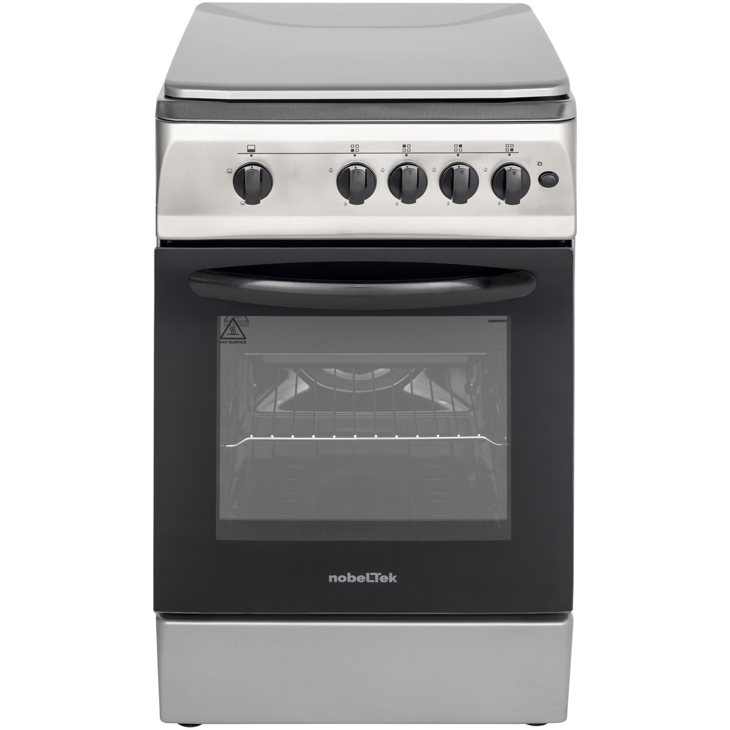 Aragaz Nobeltek NLT 5602IX/G1, 50x60, plita si cuptor pe gaz, aprindere electrica, siguranta plita si cuptor, echipat cu diuze GPL, diuze GN de schimb, capac tabla, front si plita inox, laterale silver