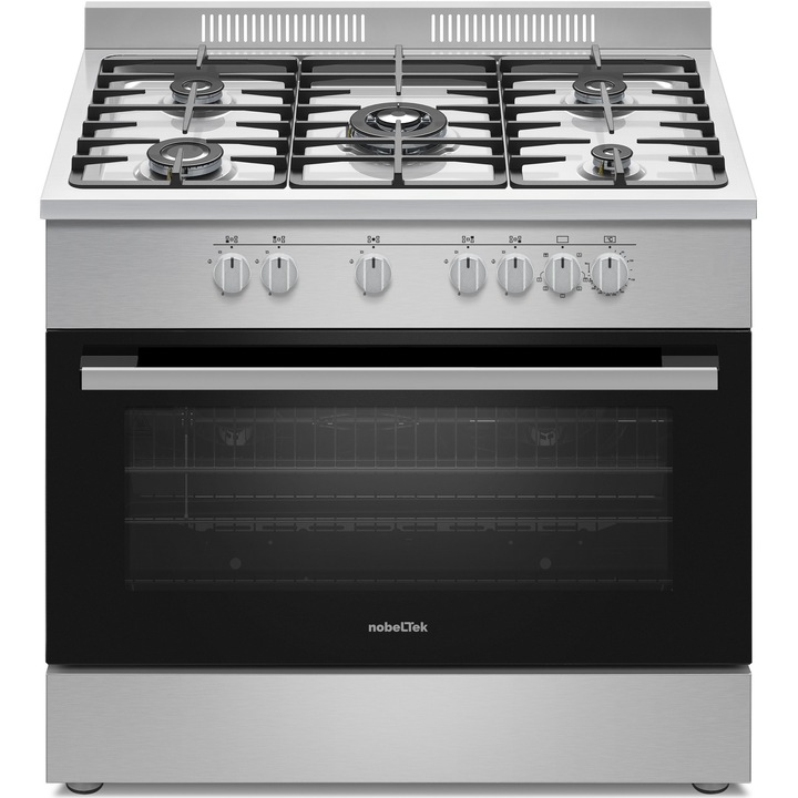 Aragaz semi-profesional Nobeltek NLT SP6904IX/FE1, 60x90cm, plita gaz cu 5 ochiuri(arzator mare triplu), cuptor electric (110l), aprindere electrica, grill, iluminare cuptor, rotisor, echipat cu diuze GN, diuze GPL de schimb, gratare fonta, inox