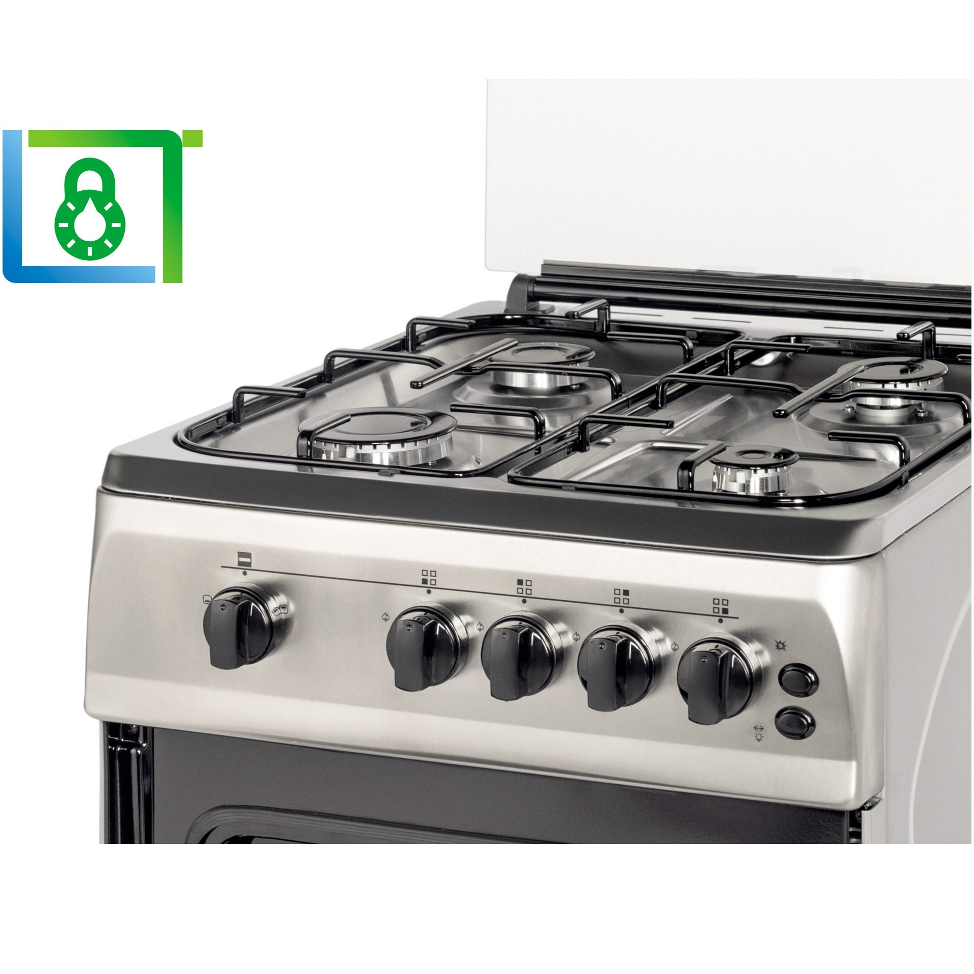 Aragaz Nobeltek NLT 5603IX/G1, 50x60, plita si cuptor pe gaz, grill gaz, rotisor, aprindere electrica plita, iluminare cuptor, siguranta plita si cuptor, echipat cu diuze GN, diuze GPL de schimb, front si plita inox, laterale silver