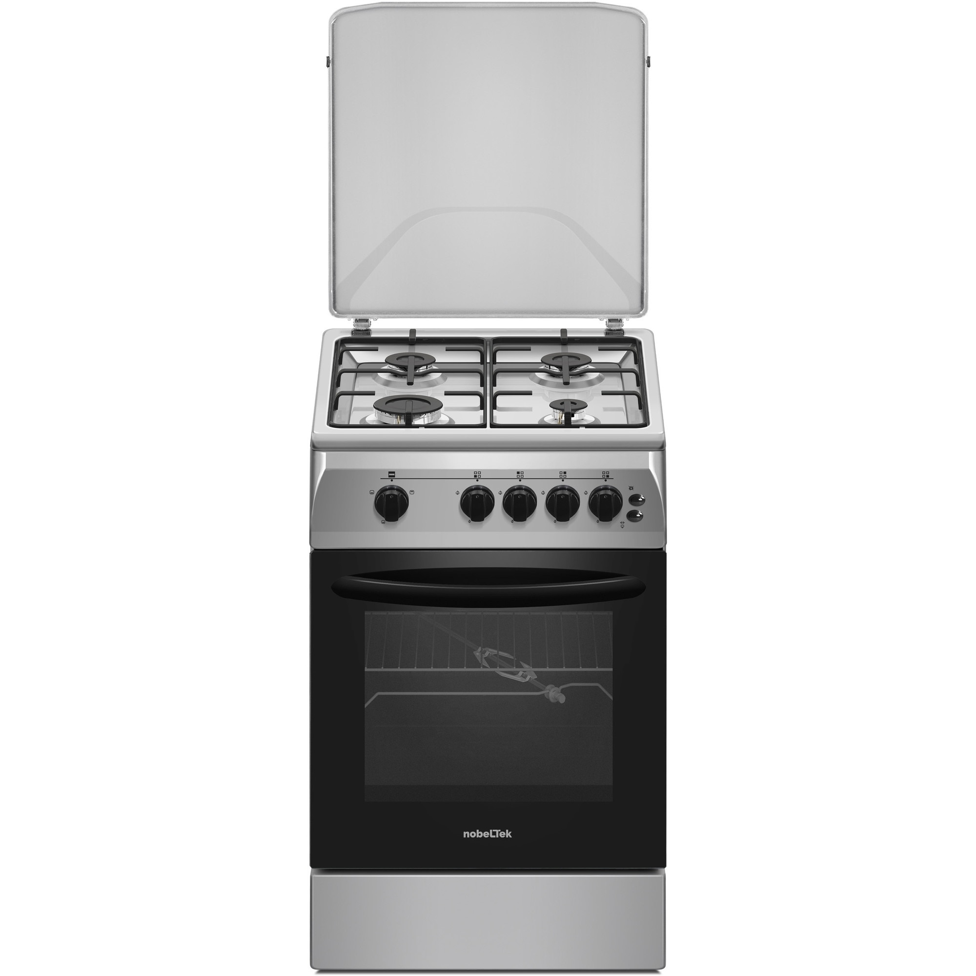 Aragaz Nobeltek NLT 5603IX/G1, 50x60, plita si cuptor pe gaz, grill gaz, rotisor, aprindere electrica plita, iluminare cuptor, siguranta plita si cuptor, echipat cu diuze GN, diuze GPL de schimb, front si plita inox, laterale silver