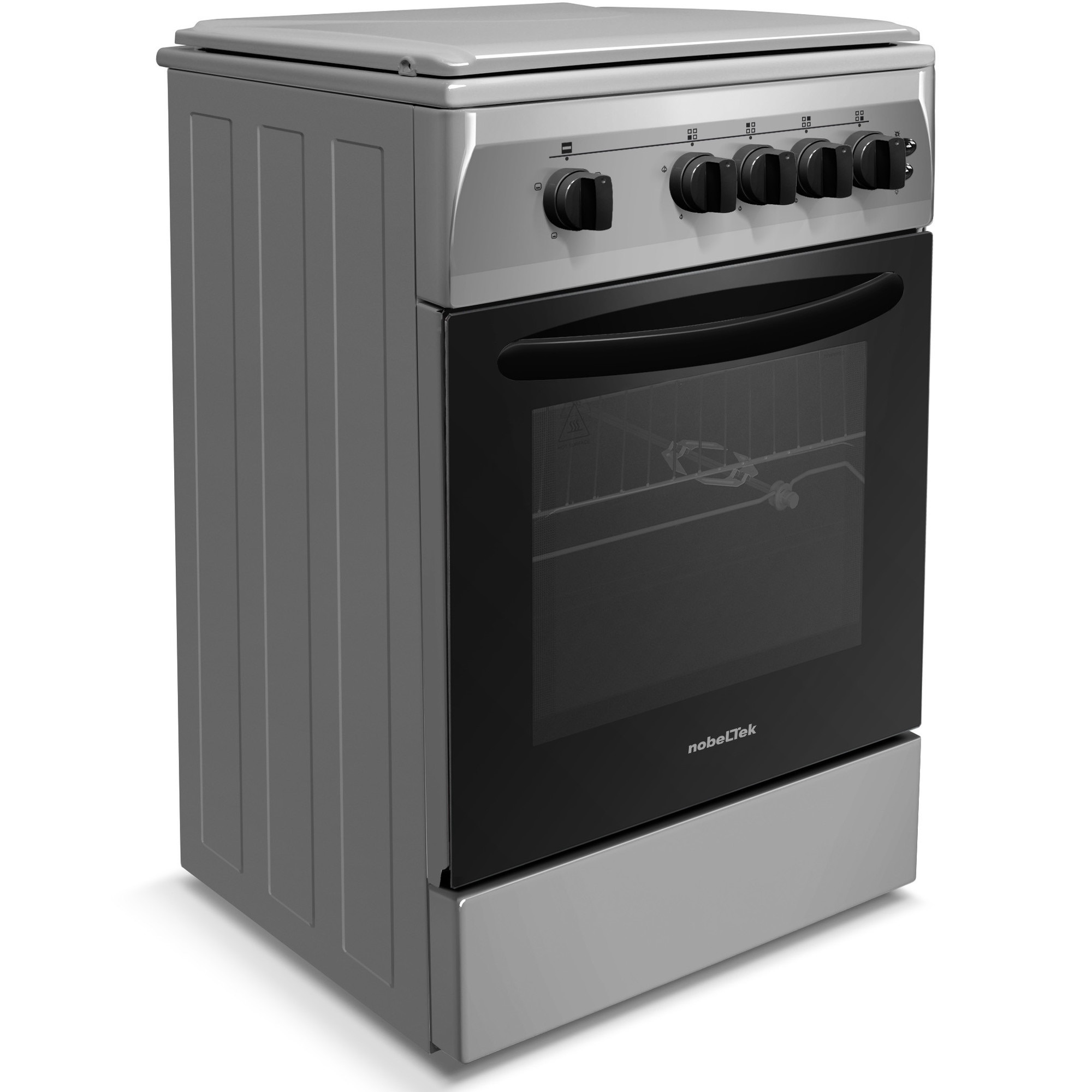 Aragaz Nobeltek NLT 5603IX/G1, 50x60, plita si cuptor pe gaz, grill gaz, rotisor, aprindere electrica plita, iluminare cuptor, siguranta plita si cuptor, echipat cu diuze GN, diuze GPL de schimb, front si plita inox, laterale silver