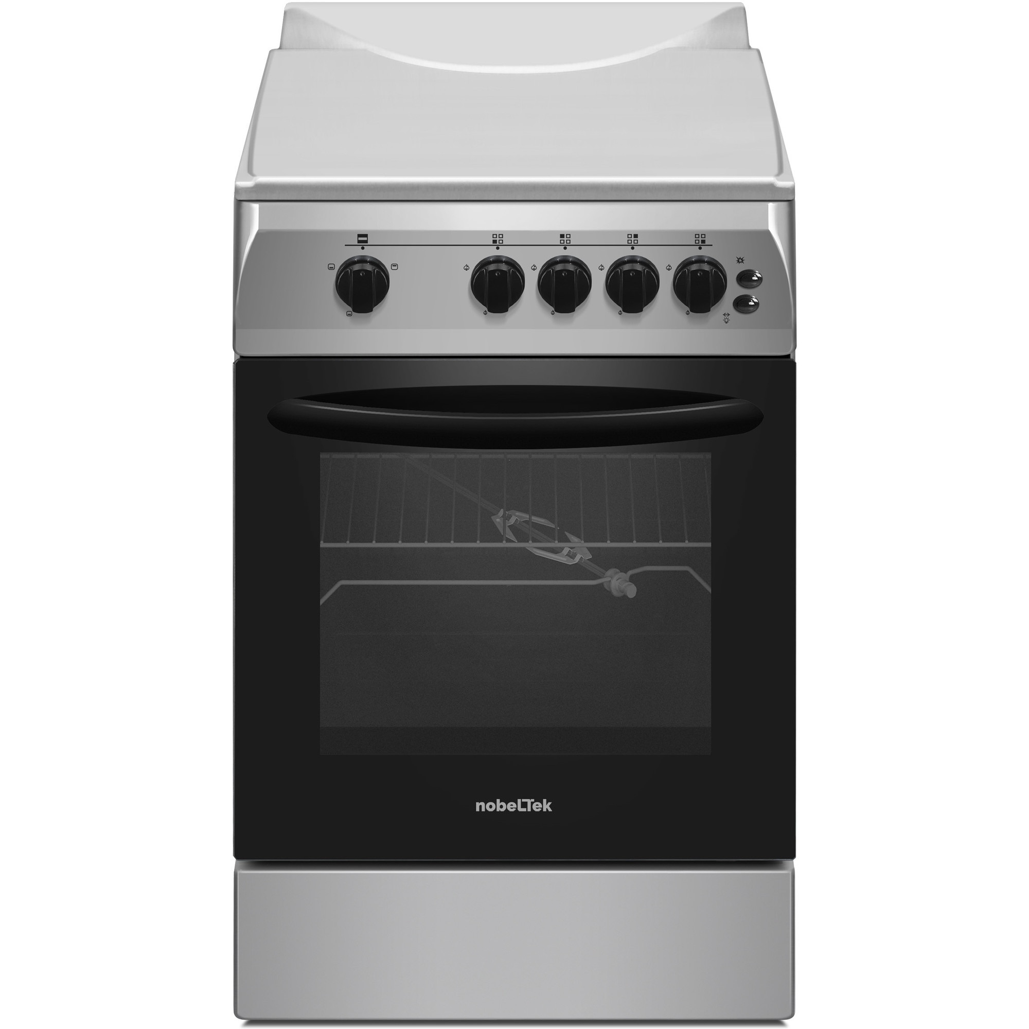 Aragaz Nobeltek NLT 5603IX/G1, 50x60, plita si cuptor pe gaz, grill gaz, rotisor, aprindere electrica plita, iluminare cuptor, siguranta plita si cuptor, echipat cu diuze GN, diuze GPL de schimb, front si plita inox, laterale silver