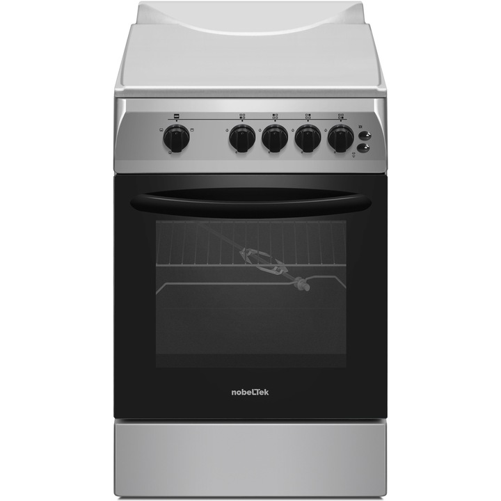 Aragaz Nobeltek NLT 5603IX/G1, 50x60, plita si cuptor pe gaz, grill gaz, rotisor, aprindere electrica plita, iluminare cuptor, siguranta plita si cuptor, echipat cu diuze GN, diuze GPL de schimb, front si plita inox, laterale silver