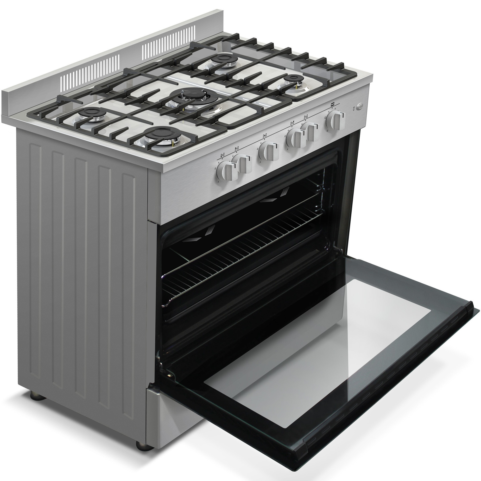 Aragaz semi-profesional Nobeltek NLT SP6903IX/FG1, 60x90cm, plita gaz cu 5 ochiuri(arzator mare triplu), cuptor gaz (102l), aprindere electrica, grill, iluminare cuptor, rotisor, echipat cu diuze GN, diuze GPL de schimb, gratare fonta, inox