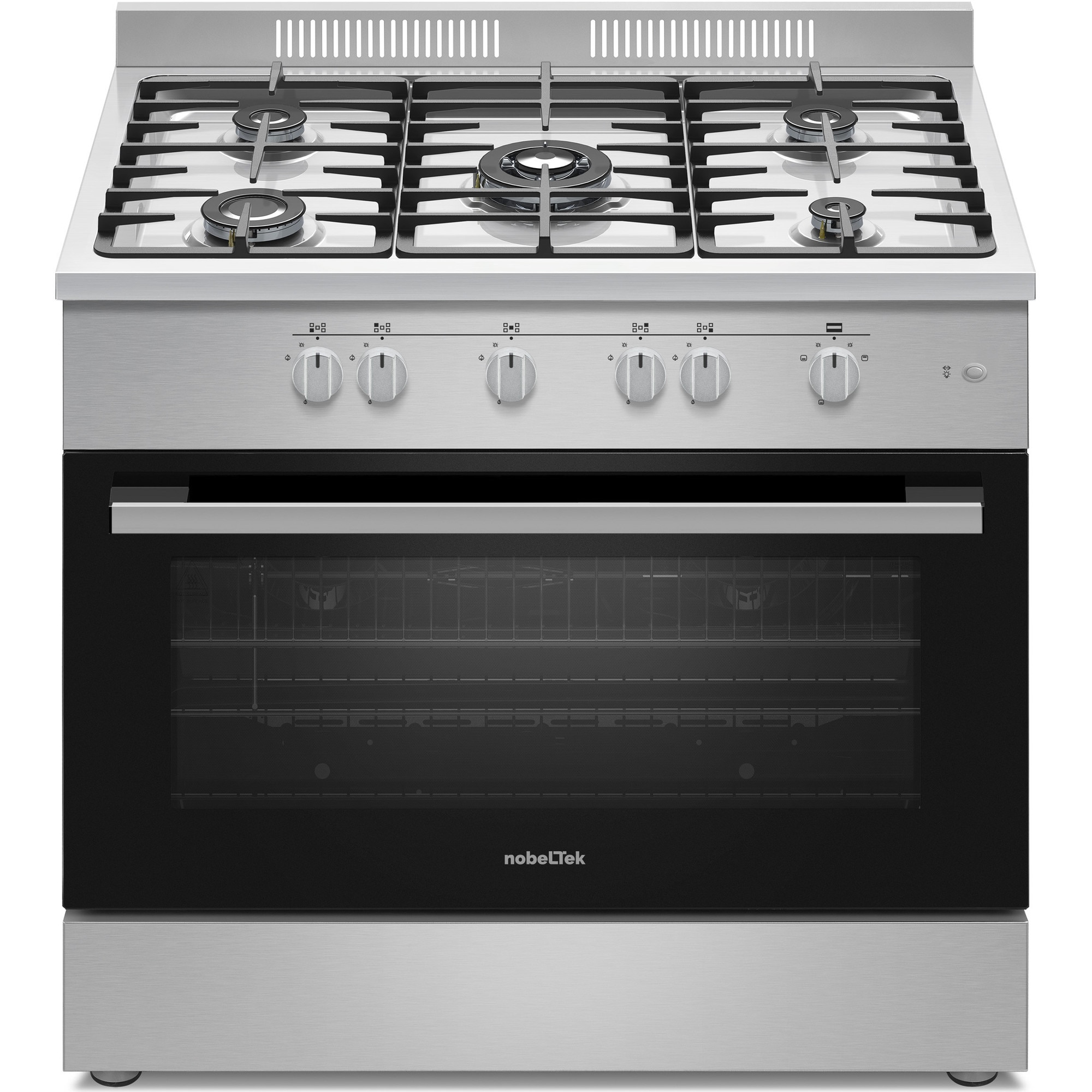 Aragaz semi-profesional Nobeltek NLT SP6903IX/FG1, 60x90cm, plita gaz cu 5 ochiuri(arzator mare triplu), cuptor gaz (102l), aprindere electrica, grill, iluminare cuptor, rotisor, echipat cu diuze GN, diuze GPL de schimb, gratare fonta, inox
