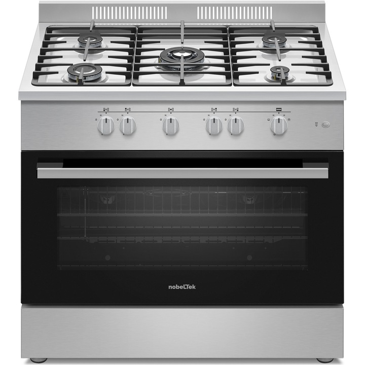 Aragaz semi-profesional Nobeltek NLT SP6903IX/FG1, 60x90cm, plita gaz cu 5 ochiuri(arzator mare triplu), cuptor gaz (102l), aprindere electrica, grill, iluminare cuptor, rotisor, echipat cu diuze GN, diuze GPL de schimb, gratare fonta, inox