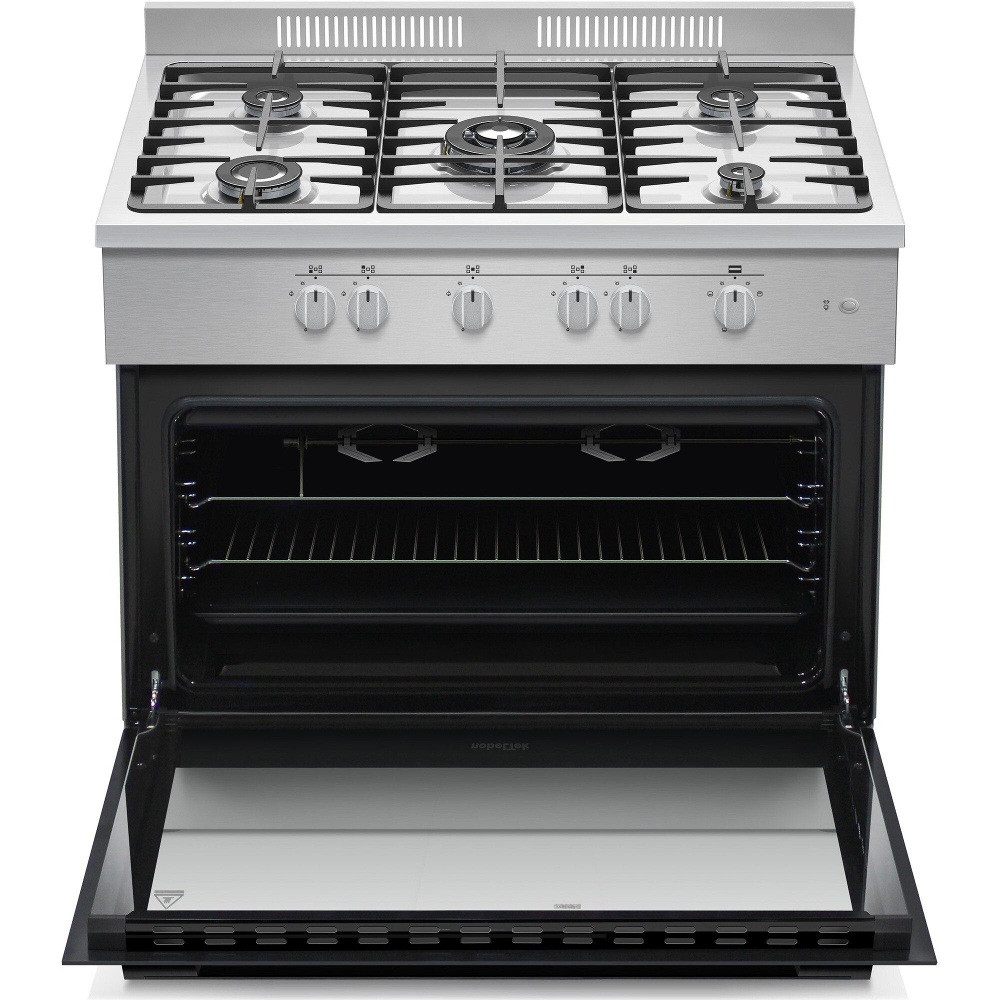 Aragaz semi-profesional Nobeltek NLT SP6903IX/FG1, 60x90cm, plita gaz cu 5 ochiuri(arzator mare triplu), cuptor gaz (102l), aprindere electrica, grill, iluminare cuptor, rotisor, echipat cu diuze GN, diuze GPL de schimb, gratare fonta, inox