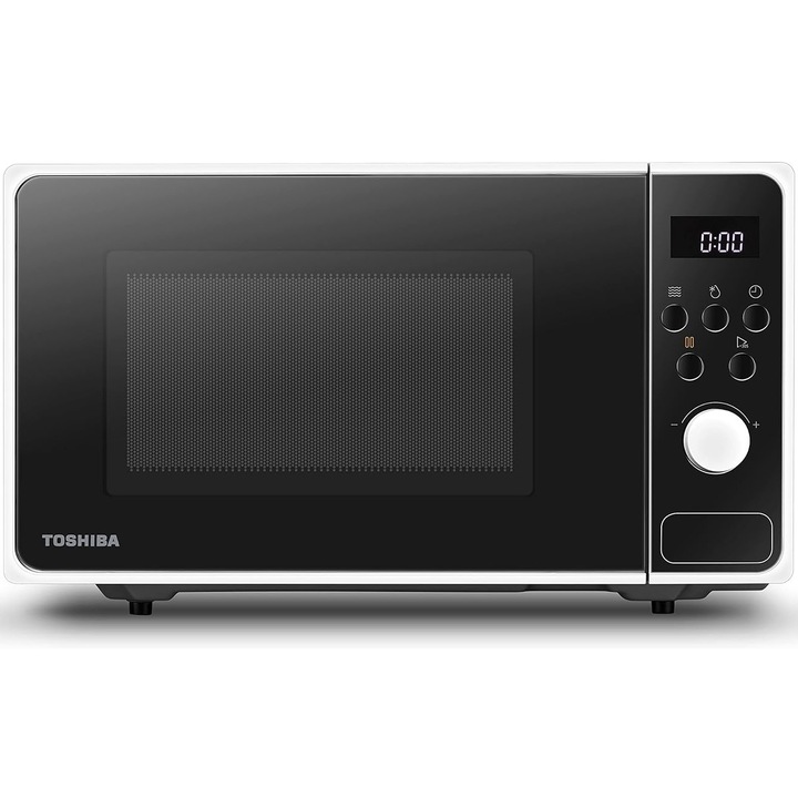 Cuptor cu microunde digital Toshiba MM2-AM23PFWH, capacitate 23 litri, putere 800 W, 5 niveluri de putere, display LED, 8 functii auto, diametru platou rotativ 27 cm, functie blocare copii, front negru, carcasa alba