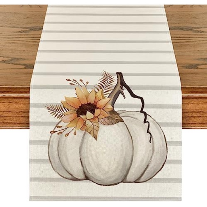 Napron de Masa Toamna, Model Dovleac, Floarea Soarelui si Frunze, Dungi Bej, 40x180cm
