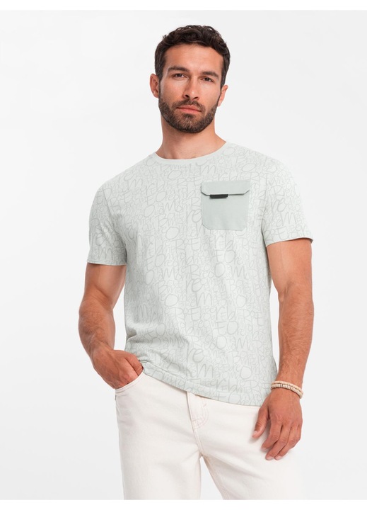 OMBRE Tricou barbati cu imprimeu grafic, buzunar practic, bumbac single jersey, Verde deschis
