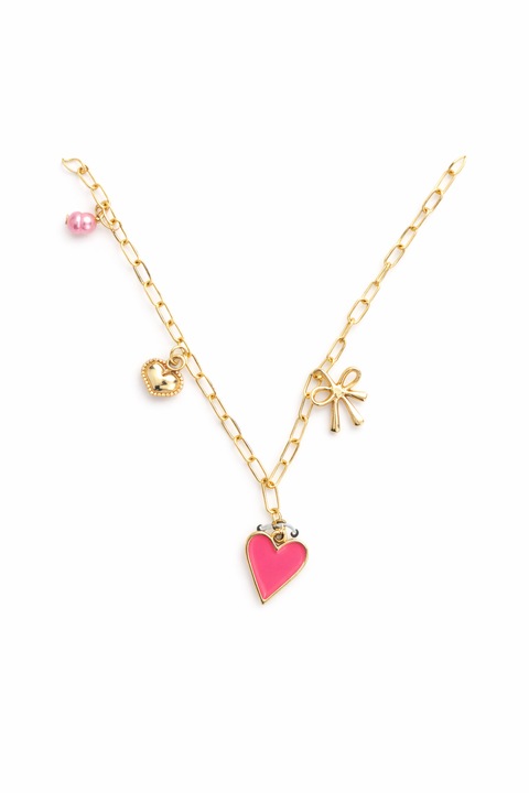 Colier Auriu Dama cu Pandantiv Inima Roz si Charmuri, Lant Reglabil