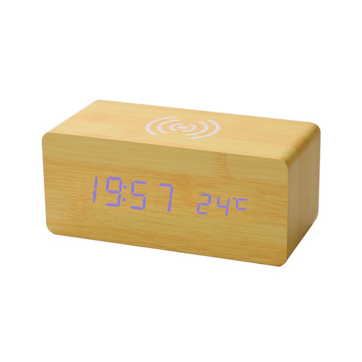 Ceas de alarma digital din lemn cu incarcare wireless, 3 alarme, design modern, lemn bambus, display multifunctional