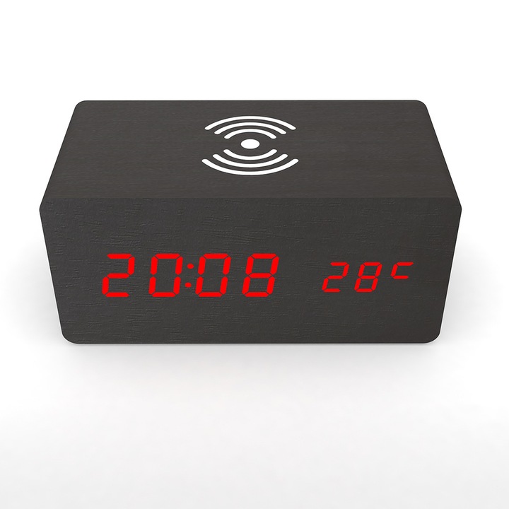 Ceas de alarma digital din lemn cu incarcare wireless, 3 alarme, design modern, negru cu cifre rosii