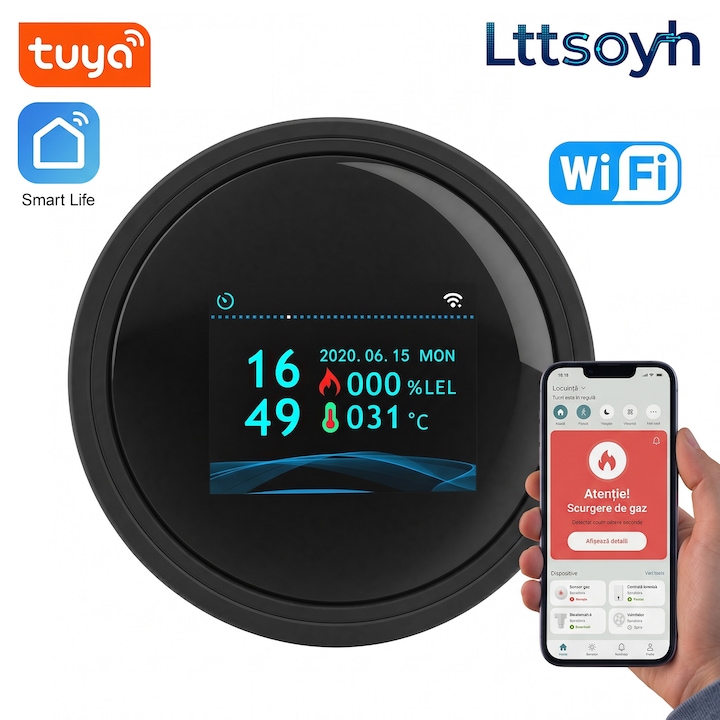 Lttsoyh Детектор за газ метан GPL, 2.4GHz Wi-Fi, звукова и визуална аларма, аларма при 6% LEL, опционален контролен електроклапан, стенен монтаж, реални човешки гласови инструкции, захранване Micro USB 5V, подходящ за кухни и складове, черен