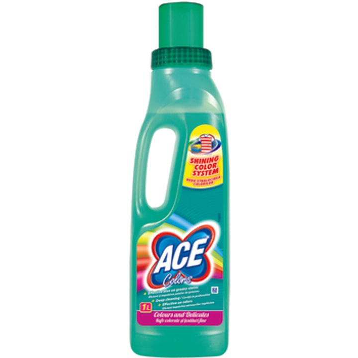 Solutie de indepartare a petelor, P&G, Ace Color, 1l, pentru tesaturi colorate, indeparteaza petele de cafea, vin, ceai, grasime, iarba, murdarie, parfum placut, fara clor, eficient la diferite temperaturi, 100 ml per spalare, 10 incarcaturi, 1, 05