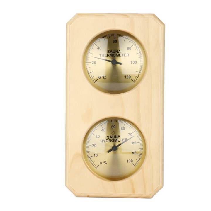 Termometru si higrometru pentru sauna, 32-248, din lemn de pin, montare pe perete, aurie