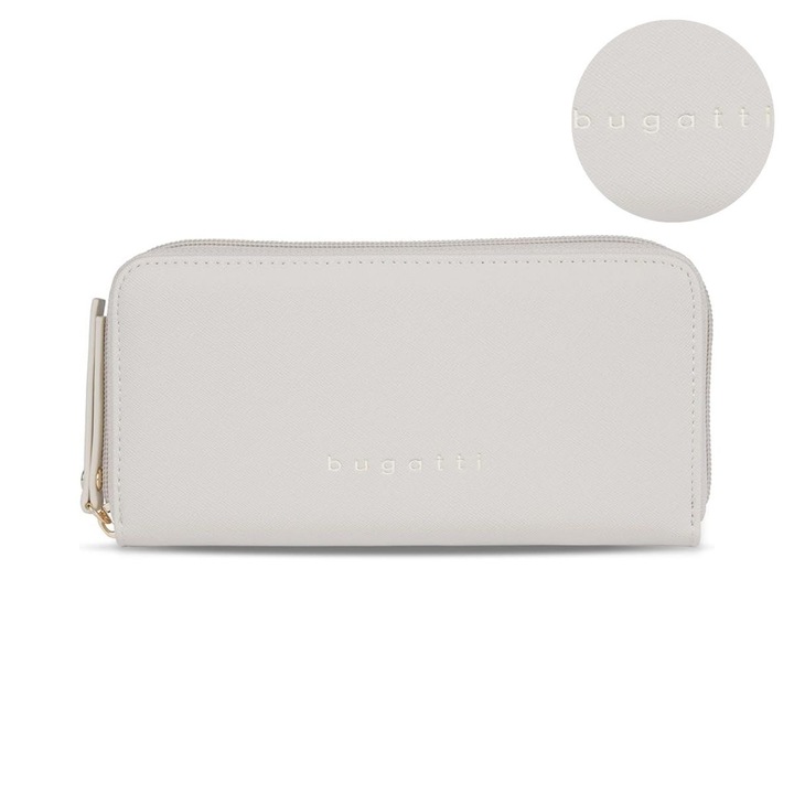 Portofel dama Bugatti Ella, piele ecologica, fermoar circular, 8 carduri, compartimente multiple, buzunar monede, elegant, alb murdar, 496631S