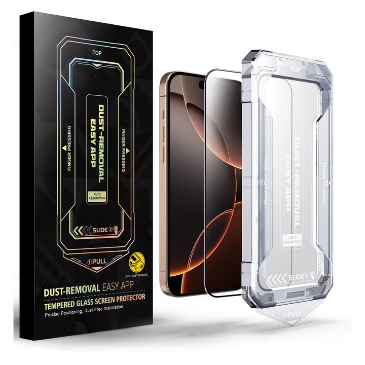 Folie sticla pentru Iphone 17, Iphone 16 PRO Transparenta, Sticla securizata 0.33mm, Anti-Spy, Anti-amprenta cu margini negre 6.3", instalare usoara si rapida cu dispozitiv de potrivire automata in 30 sec cu Easy Install Kit, protectie telefon, RikBo®