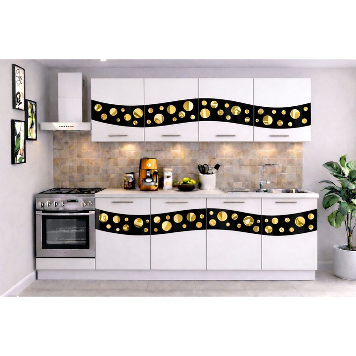 Bucatarie Madrid 200 cm Alb Ornament Negru Gold
