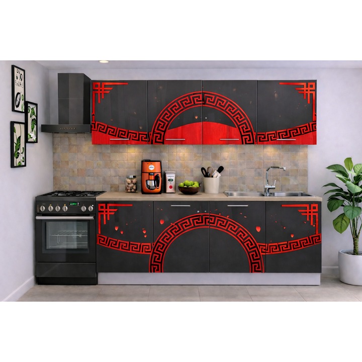 Bucatarie Verona 200 cm Gri Ornament Rosu
