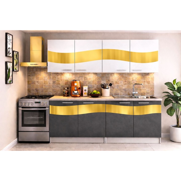 Bucatarie Jamila 180 cm Gri Alb Ornament Gold