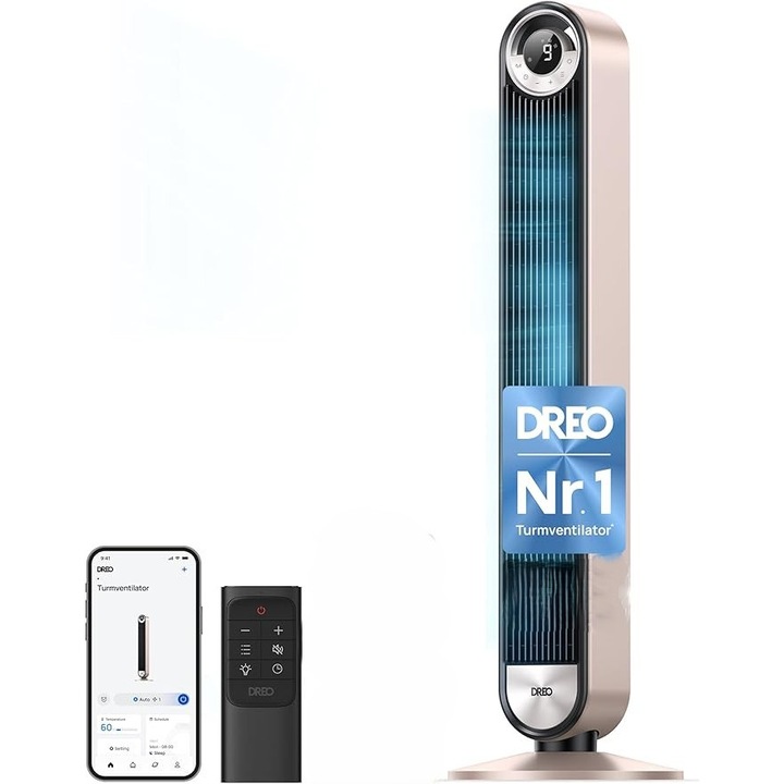 Ventilator Dreo Cruiser Pro T2S Ventilator Turn 106 cm, 25 dB, WiFi & control vocal Alexa, 9 viteze, 4 moduri, oscilare 90°, telecomanda, timer 12h, Starlight